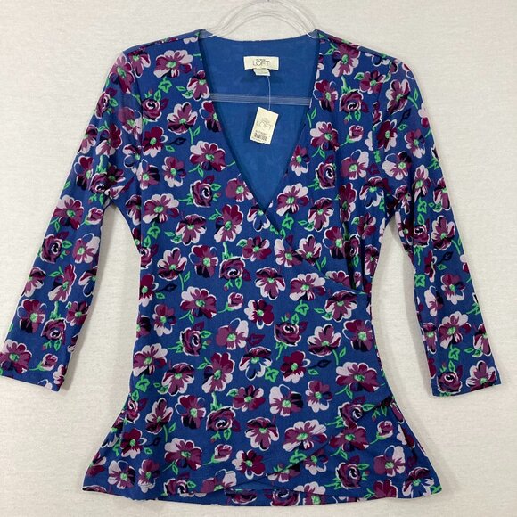 New Ann Taylor Loft Small Blue Purple Floral Wrap Mesh Blouse Top Y2K Inpired - Picture 1 of 10